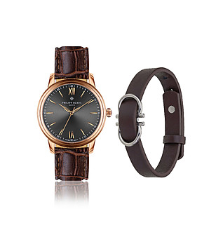 Комплект от часовник и гривна в кафяво с кожени каишки Geneva снимка