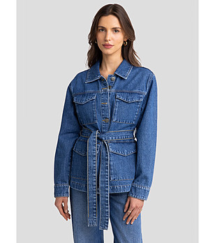 Синьо дамско дънково яке с колан Chelsey от памук снимка