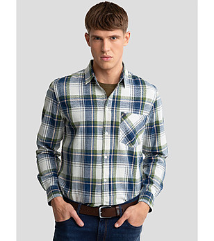 Памучна мъжка риза на каре в бяло, синьо и зелено INDES снимка