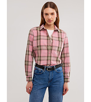 Розова дамска памучна риза на каре Singi снимка