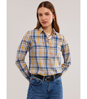 Дамска памучна риза на каре в бежово и синьо CEDI  снимка