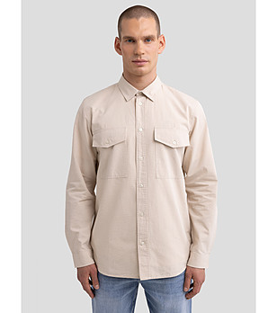 Бежова памучна мъжка риза SZAKESIN снимка