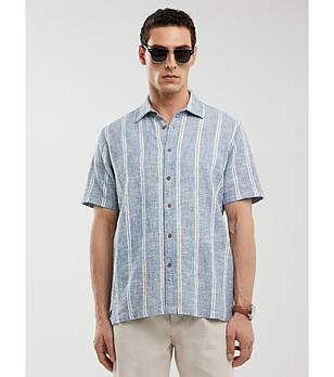 Светлосиня мъжка памучна риза на райе LUIZNER снимка