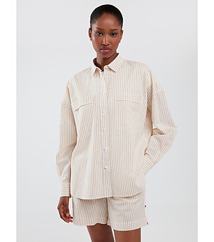 Светлобежова раирана дамска риза от лен и памук ENDASA снимка