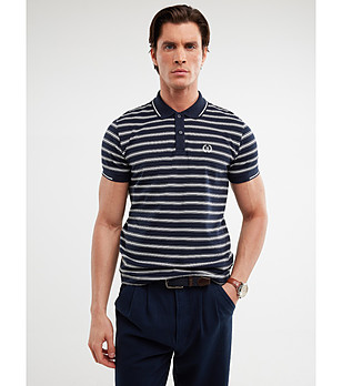 Тъмносиня памучна мъжка блуза на бяло райе MEGGON снимка