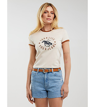 Памучна светлобежова дамска тениска с кафяви кантове TOTTERA снимка