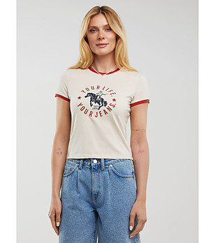 Светлобежова дамска памучна тениска с червени кантове TOTTERA снимка