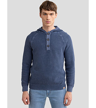 Памучен син мъжки пуловер с качулка CARLSON снимка