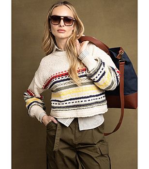 Бежов памучен пуловер с цветни кантове MIXTA снимка