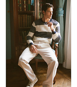 Памучен мъжки пуловер в бежово и тъмносиньо Pasador снимка