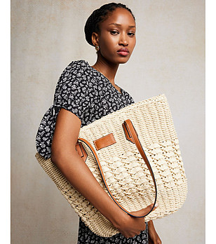 Бежова дамска чанта с кафяви дръжки Signa снимка