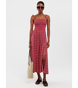 Червена рокля с бял флорален принт LAMBONI снимка