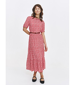 Дълга червена рокля с бял флорален принт снимка