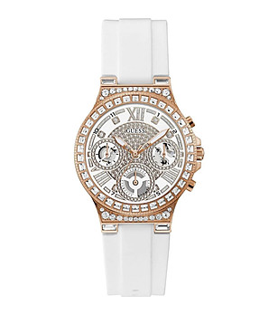 Дамски златист часовник с камъчета и бяла каишка снимка