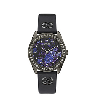 Дамски часовник в черно с камъчета снимка