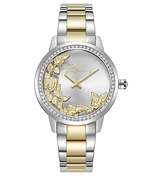 Дамски часовник в сребристо и златисто с ефектни цветя снимка