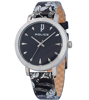 Дамски часовник в сребристо с флорални мотиви при каишката снимка