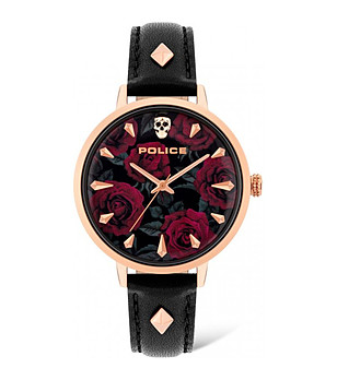 Дамски розовозлатист часовник с черна каишка с рози по циферблата снимка