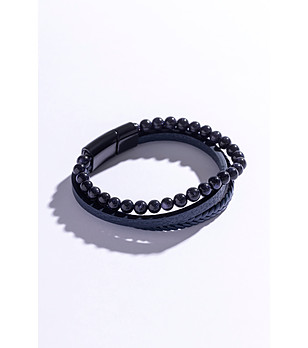 Унисекс гривна в тъмносиньо с кожа и мъниста снимка