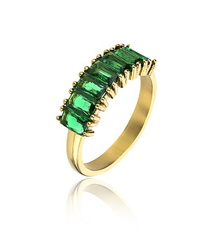 Позлатен дамски пръстен с кристали в зелено Leila размер L снимка