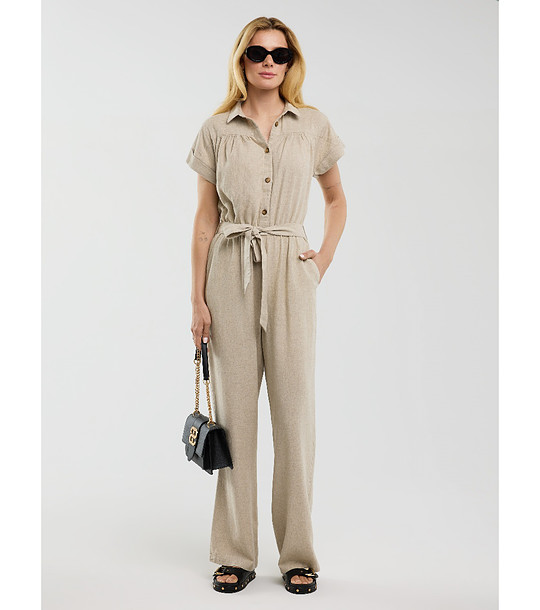 Бежов дамски гащеризон с лен Dunime снимка