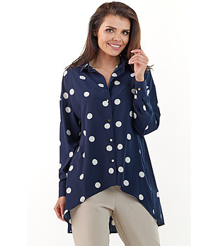 Дамска асиметрична тъмносиня риза на бели точки Berdina снимка