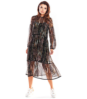 Ефирна черна рокля с животински принт Caren снимка