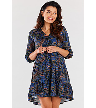 Рокля с принт в синьо и кафяво снимка