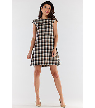 Къса рокля на каре в кафяво и бежово Linda снимка