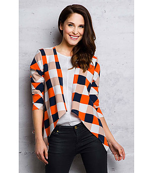 Дамска памучна карирана жилетка в оранжево, бяло и тъмносиньо снимка