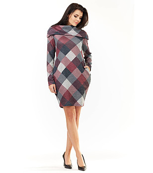 Рокля на каре в сиво и червено снимка