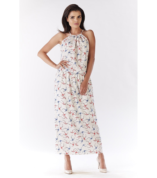 Дълга рокля в екрю с принт в синьо и червено Monik снимка