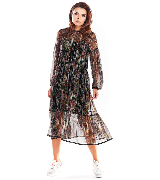 Ефирна черна рокля с животински принт Caren снимка