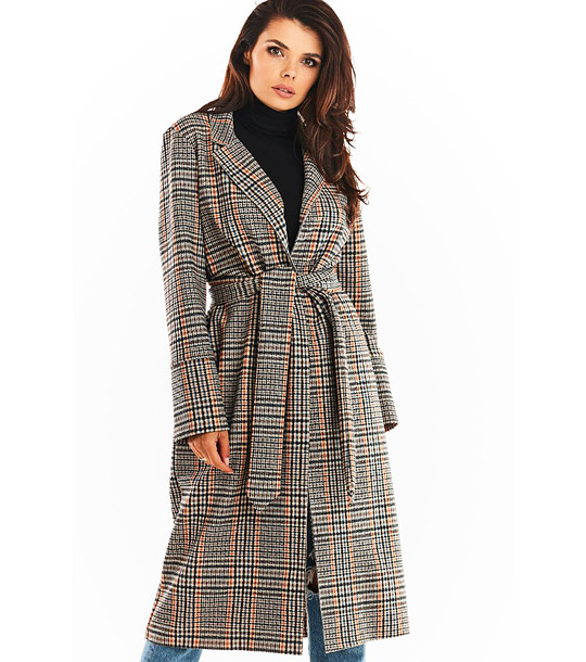 Дамско дълго палто на каре в тъмносиньо Iolanda снимка