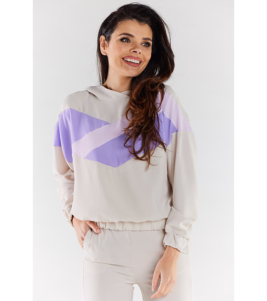 Бежов дамски суитшърт с виолетов панел Fara снимка