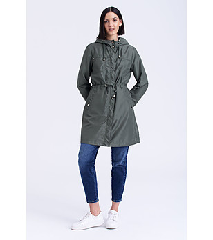 Дълго дамско яке в маслено зелен нюанс снимка