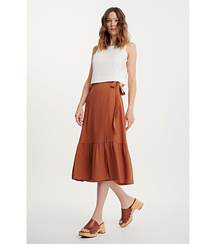 Кафява миди пола с волан в долната част с лен снимка