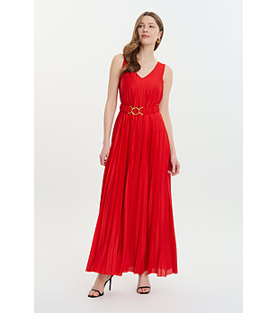 Дълга червена рокля с колан снимка