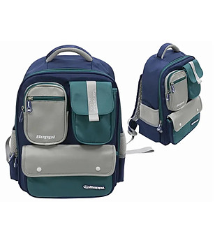 Тъмносиня детска раница с контрастни джобове снимка