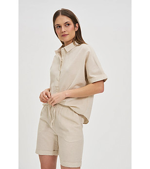 Бежова дамска риза от памук и лен снимка