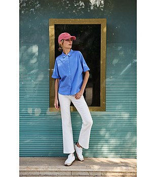 Синя дамска риза от памук и лен снимка