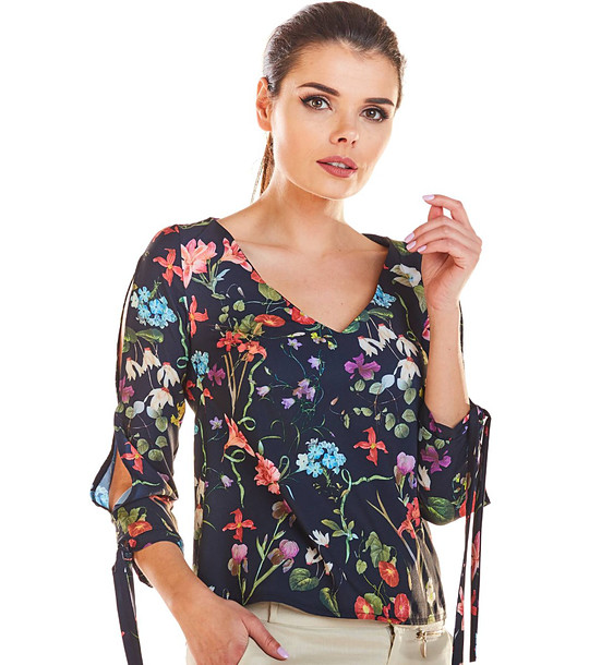 Тъмносиня дамска блуза с флорален принт Indila снимка