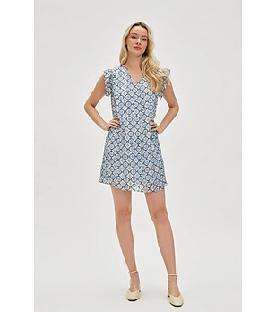 Рокля в синьо и бежово с принт снимка