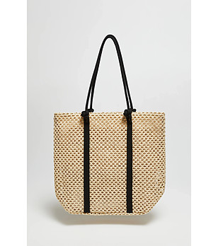 Дамска лятна бежова чанта с черни дръжки снимка