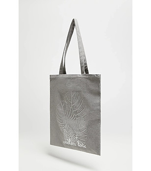 Сива дамска чанта със сребриста щампа снимка