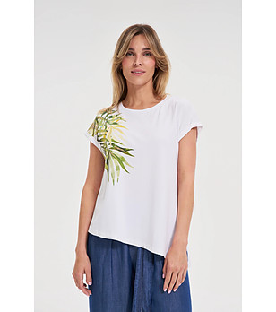 Бяла памучна дамска блуза с акцент в зелено снимка