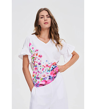 Бяла дамска памучна блуза с флорален принт снимка