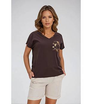 Дамска памучна блуза с декорация в кафяво снимка