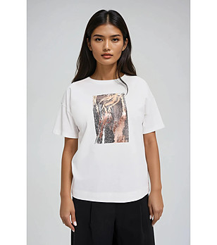 Дамска памучна блуза в бяло с къс ръкав снимка