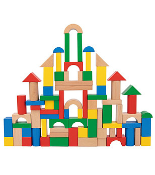 Дървен конструктор в кофа-сортер 100 части снимка